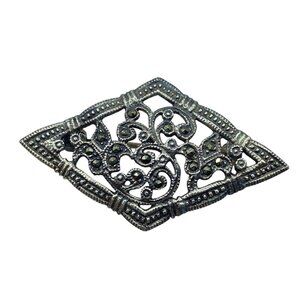 Vintage Sterling Silver Marcasite Brooch Ornate Filigree Art Deco